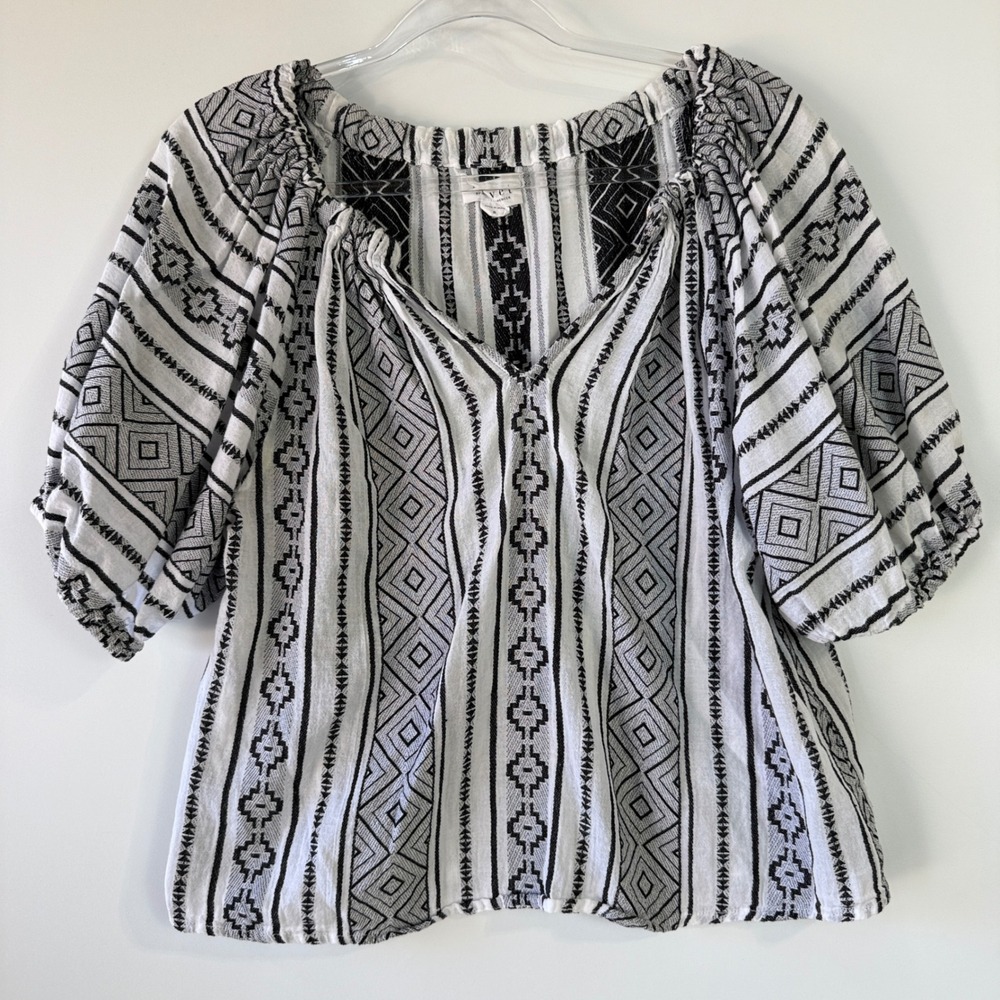 Velvet by Graham & Spencer Black and White Striped Geometric Peasant Blouse
